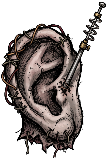 A severed ear, taped to the page
